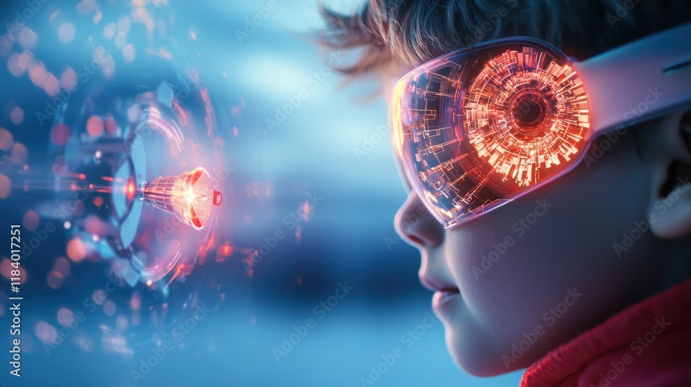 Poster a child wearing augmented reality glasses interacting with a virtual model of a rocket engine, disas