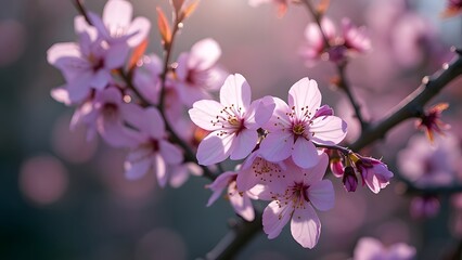 Obraz premium Vibrant Purple Spring Blossoms, Close-up of Delicate Pink Flowers in Natural Light
