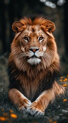 Fototapeta premium Majestic lion resting in a forest clearing with wildflowers