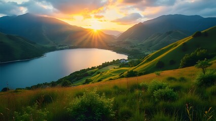 Obraz premium Serene Sunset Lake in Rolling Green Hills, Breathtaking Landscape Photography