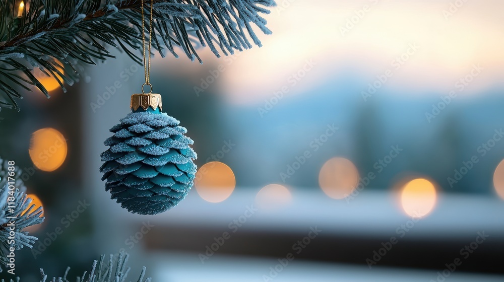 Poster a close up shot of a christmas tree ornament sparkling with frost, with a soft bokeh background of s