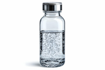 Close-up of a clear glass vial filled with a transparent liquid containing small particles, isolated on white background. Medical, healthcare, science