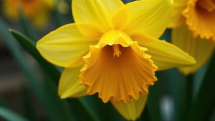 Obraz premium Bright Yellow Daffodil Flower Close-Up with Green Background