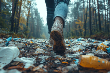 Obraz premium Human feet in shoes walking on littered forest ground. Threat to ecosystems. Human responsibility. Reducing waste through recycling. 