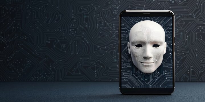 mobile payment security platform concept. A futuristic tablet displays a robotic face, showcasing the blend of technology and art.