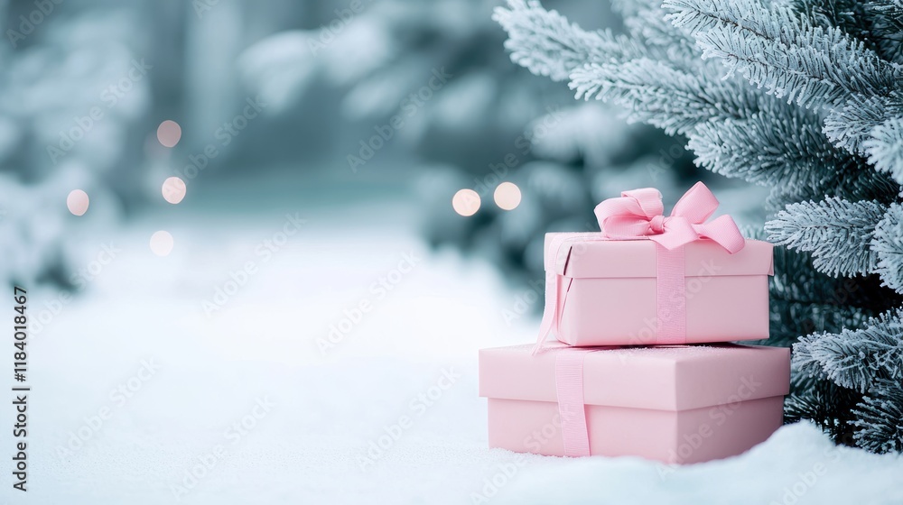 Poster a stack of beautifully wrapped christmas presents adorned with ribbons and bows, placed under a snow
