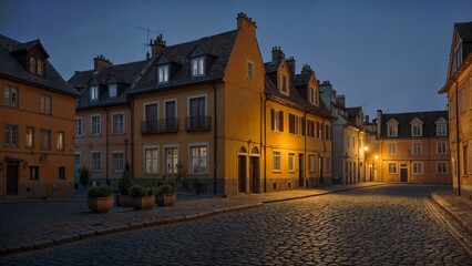 Obraz premium Evening lights illuminate charming streets in a quiet historic town square
