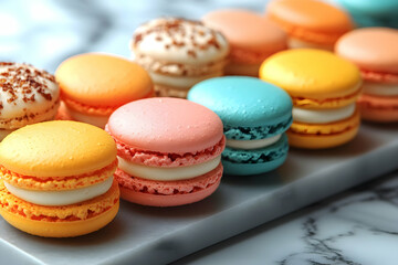 Fototapeta premium Assortment of Colorful Macarons on Marble Surface