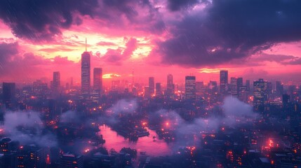 Obraz premium Cityscape sunset rain aerial view fantasy art