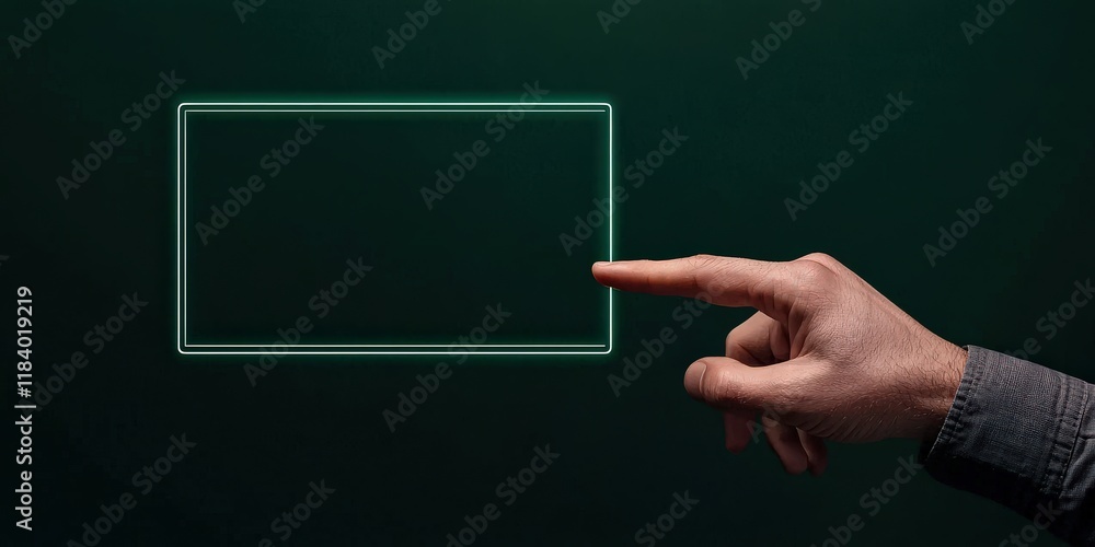 Aufkleber mobile payment security platform concept. a hand points to a transparent rectangular display on a da