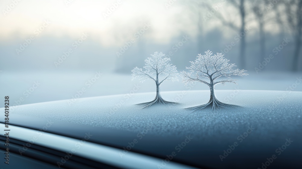 Poster frost patterns on a car window resembling a winter forest, with tree like formations and intricate d