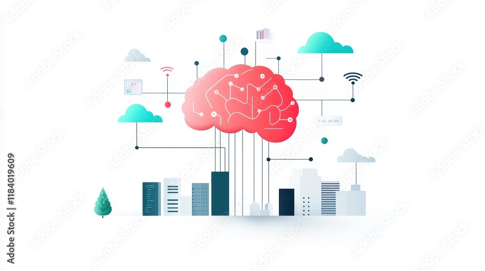 Poster an abstract representation of a human brain connected to a network of devices, illustrating the conc