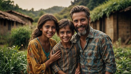 Fototapeta premium Family bonding in a rural village during golden hour with scenic lush greenery