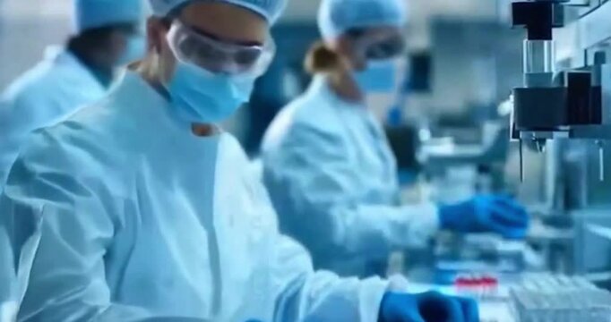 pharmaceutical or biomedical research laboratory, showcasing advanced equipment and researchers working in sterile cleanroom environments. The scene includes scientists wearing full PPE or cleanroom