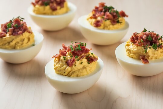 A collection of halved eggs topped with a creamy yellow filling