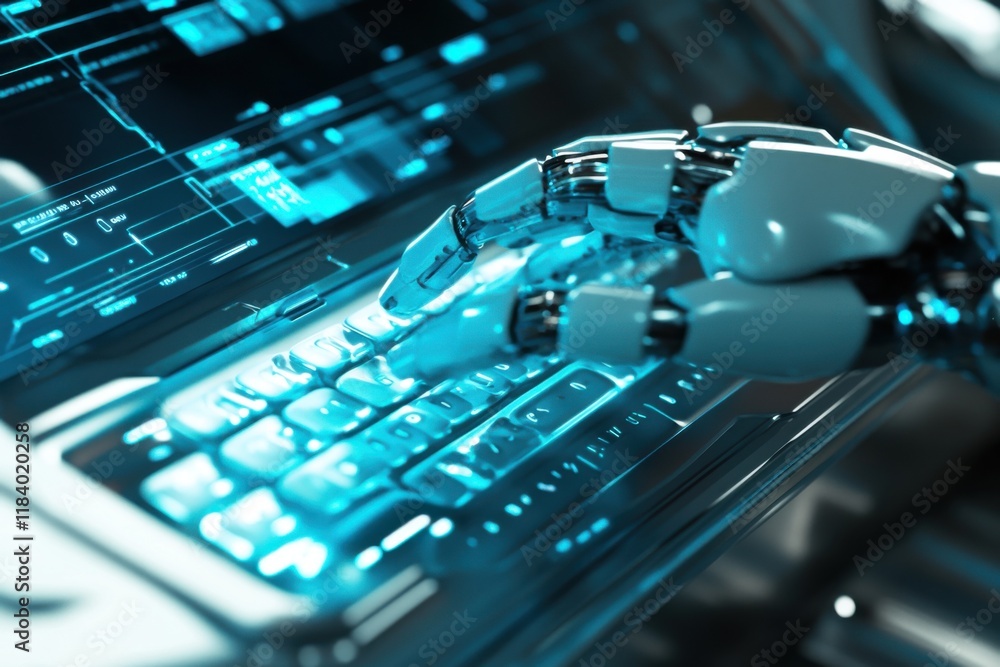 Aufkleber futuristic robotic fingers typing on advanced keyboard with holographic display
