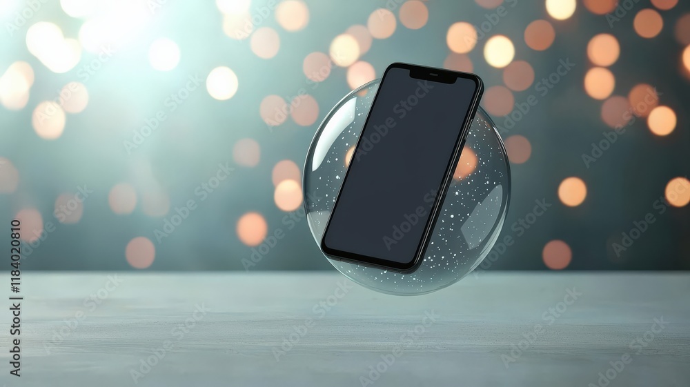 Poster mobile payment security platform concept. smartphone floating in a bubble with a bokeh background, c