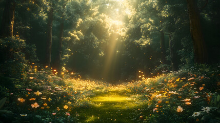 Obraz premium Sunlit Path Through a Peaceful Forest with Flowers in the Glow of Morning