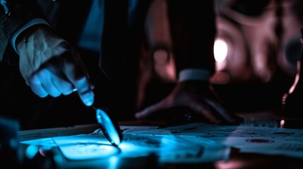 Detective examining evidence with fingerprints and magnifying glass against blurred crime scene background.