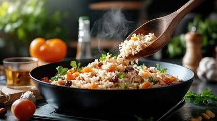 A warm bowl of aromatic rice topped with colorful vegetables, providing a delicious and healthy meal perfect for any occasion. Ideal for food lovers and culinary enthusiasts.