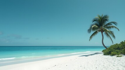 Obraz premium Minimalist Tropical Beach Scene, Turquoise Water, White Sand, Single Palm Tree - Travel Inspiration