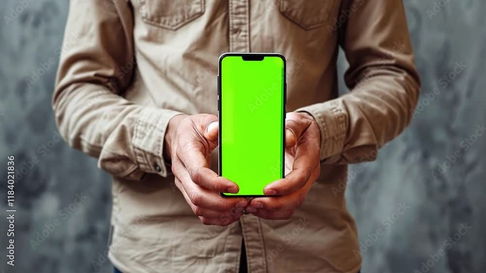 Poster a person stands against a textured wall, holding a smartphone with a bright green screen. this setup
