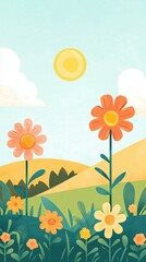 Fototapeta premium Summer Countryside Bliss: Rustic Flowers & Breezy Landscape Illustration