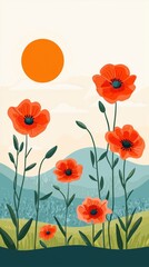 Fototapeta premium Summer Countryside Bliss: Rustic Flowers & Breezy Landscape Illustration