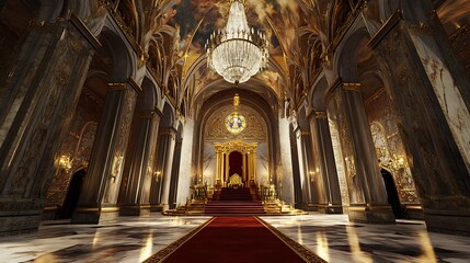 Fototapeta premium Grand throne room interior with marble floors, gold accents, and a red carpet leading to a majestic throne.