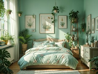 Cozy bedroom with green walls and abundant plants creating a serene atmosphere