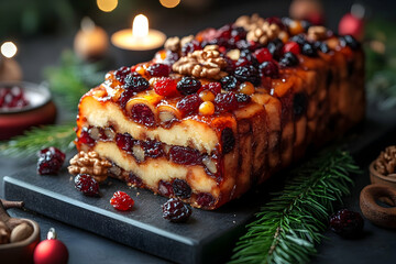 A Festive Christmas Fruitcake with Walnuts and Cranberries, a Delicious Holiday Dessert