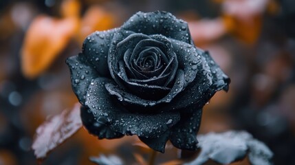 Dark rose, dew drops, autumn garden, bokeh background, romantic