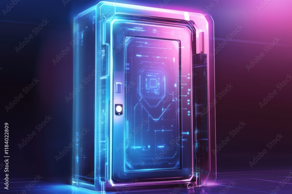 Poster futuristic neon door with pulsating ai data streams in vibrant hues