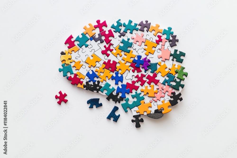 Poster colorful jigsaw puzzle pieces scattered, forming a brain shape, representing problem-solving and men