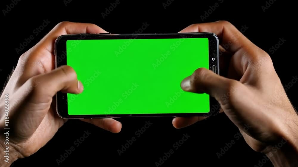 Poster two hands are holding a smartphone displaying a bright green chromakey screen, suitable for video pr