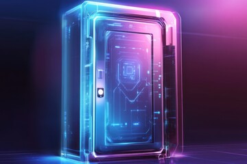 Fototapeta premium Futuristic neon door with pulsating AI data streams in vibrant hues