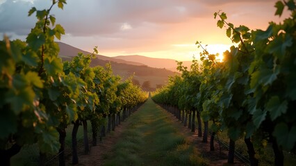 Fototapeta premium Serene Autumnal Vineyard at Dusk, Lush Grapevines, Jewel-Toned Grapes, Rolling Hills, and Warm Sunset Hues - Perfect for Luxury Wine Branding