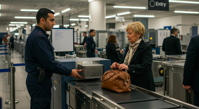 Security, baggage and traveler with officer for airport, control and checking with travel. Safety, transportation and inspection with equipment for departure, luggage or person with security