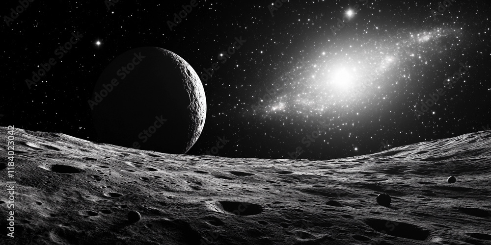 Aufkleber celestial view from a moon surface with distant galaxy