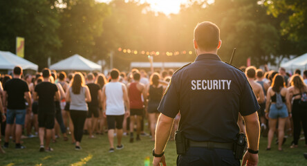 Security, crowd and party in concert, event or festival with guard for control. Safety, people and public with celebration at outdoor, music and evening for protection