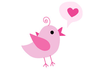 Cute bird with speech bubble with heart illustration. Valentine's day decorative element. Stock vector illustration isolated on white background.