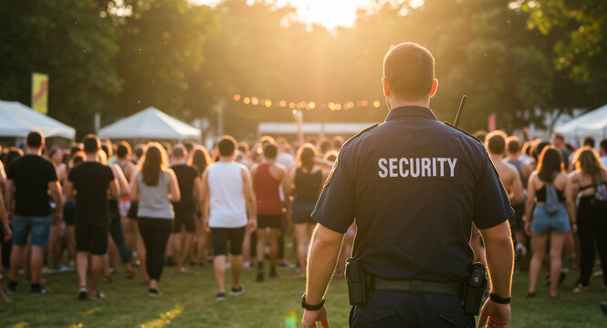 Security, crowd and party in concert, event or festival with guard for control. Safety, people and public with celebration at outdoor, music and evening for protection