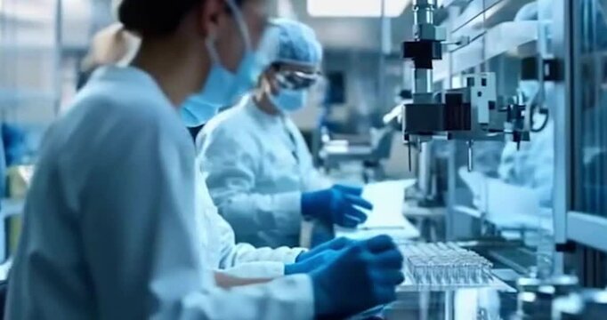 pharmaceutical or biomedical research laboratory, showcasing advanced equipment and researchers working in sterile cleanroom environments. The scene includes scientists wearing full PPE or cleanroom