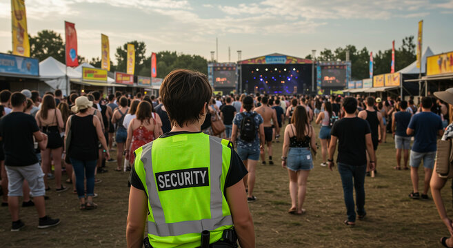 Security, crowd and party in concert, event or festival with guard for control. Safety, people and public with celebration at outdoor, music and evening for protection