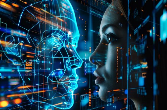 Image of digital interface with data processing over woman's face. digital interface, communication and technology concept digitally generated image.
