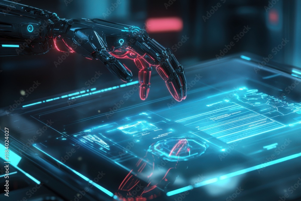 Poster robotic hand manipulates holographic workflow in high-tech setting