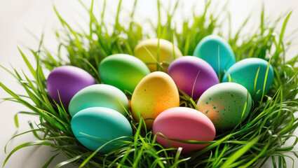 Colorful Easter eggs nestled amidst lush green grass, creating festive and vibrant springtime atmosphere