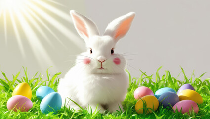 white Easter bunny sits on vibrant green grass surrounded by colorful Easter eggs, illuminated by warm sunshine, creating cheerful and festive atmosphere