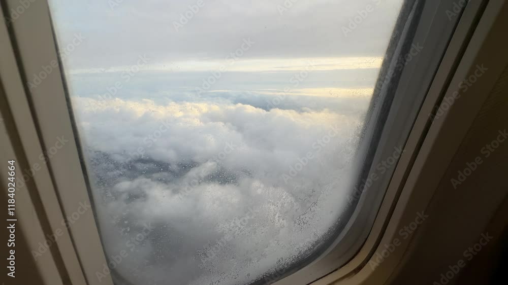 Poster view from an airplane window showing a sky filled with fluffy clouds during flight, with soft sunlig