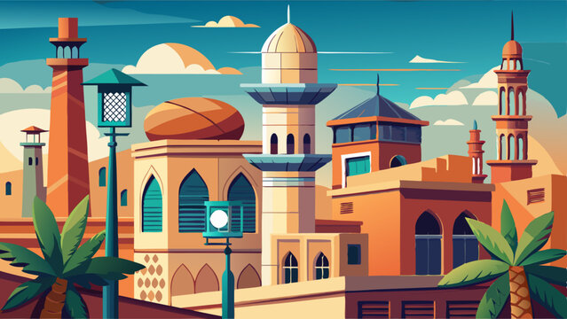 Al Fahidi mosque minaret and traditional arab windtower used for ventilation and air conditioning at historical district and neighbourhood in Bur Dubai